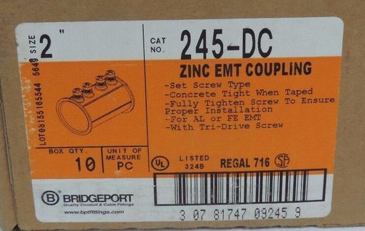 BOX OF 10 NEW BRIDGEPORT 245-DC 2" ZINC EMT COUPLINGS 245DC