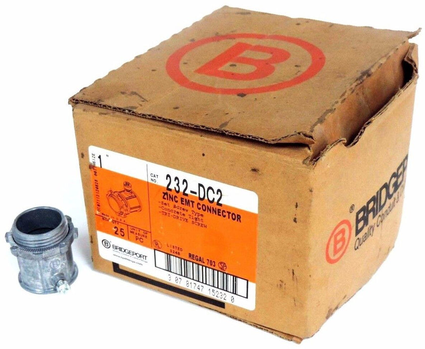 BOX OF 20 NEW BRIDGEPORT 232-DC2 1" ZINC EMT CONNECTORS 232DC2