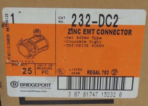 BOX OF 20 NEW BRIDGEPORT 232-DC2 1" ZINC EMT CONNECTORS 232DC2