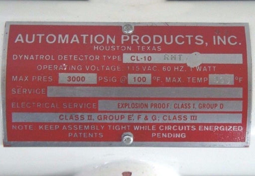 NEW AUTOMATION PRODUCTS DYNATROL DETECTOR TYPE CL-10 RMT 3000PSI MAX