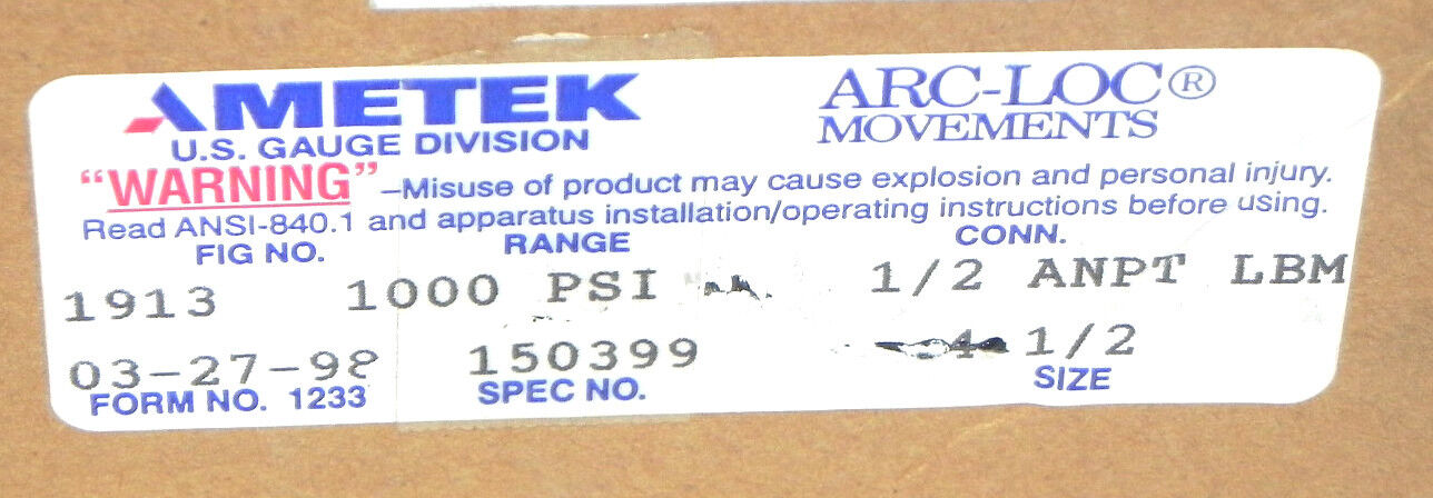 NEW IN BOX AMETEK GAUGE FORM NO. 03-27-98 SPEC NO. 150399 FIG NO. 1913
