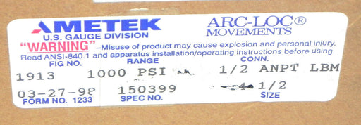 NEW IN BOX AMETEK GAUGE FORM NO. 03-27-98 SPEC NO. 150399 FIG NO. 1913