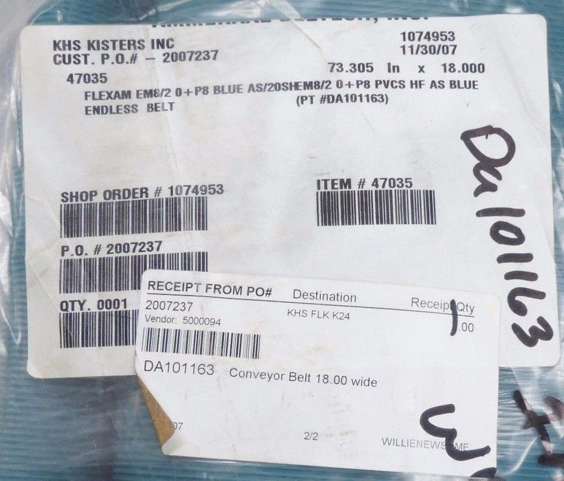 KHS KISTERS DA101163 FLEXAM 47035 ENDLESS CONVEYER BELT 18" X 73.305"