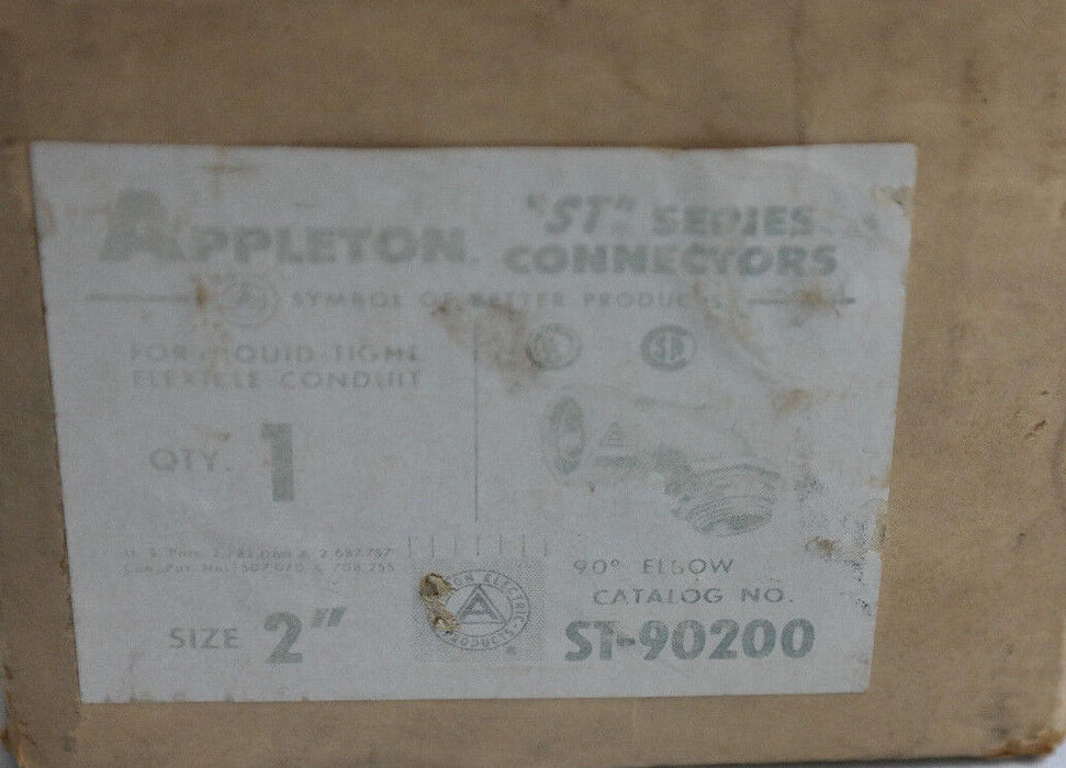 NIB APPLETON ST-90200 90 DEG ELBOW CONNECTOR FOR LIQUID TIGHT FLEXIBLE CONDUIT
