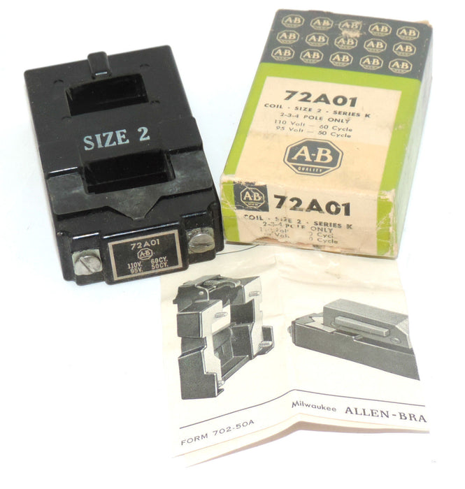 NIB ALLEN BRADLEY 72A01 COIL SIZE 2, 110V 60CY. 95V 50CY.