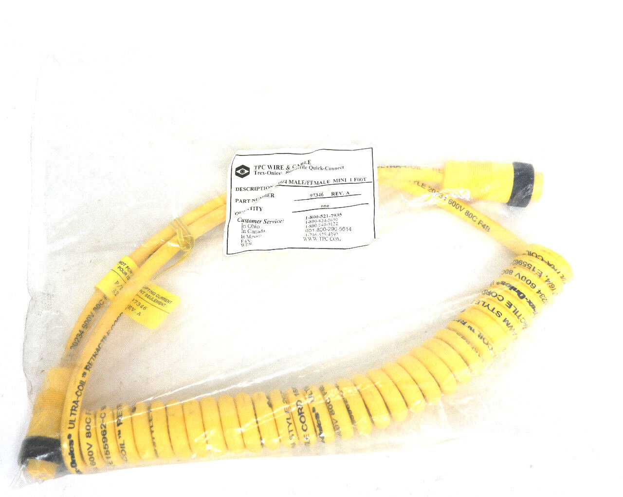 NEW TPC 97346 RETRACTILE QUICK-CONNECT CABLE 16/4 MALE/FEMALE MINI 1 FOOT REV. A