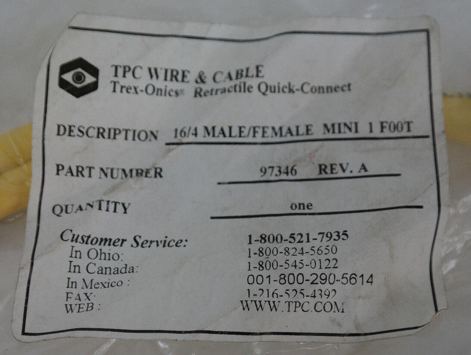 NEW TPC 97346 RETRACTILE QUICK-CONNECT CABLE 16/4 MALE/FEMALE MINI 1 FOOT REV. A