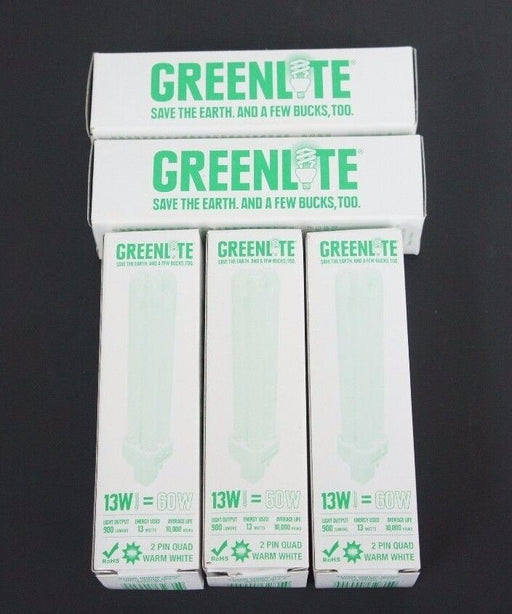LOT OF 5 NIB GREENLITE 13W/Q/2P COMPACT FLUORESCENT LAMPS 13W 120V