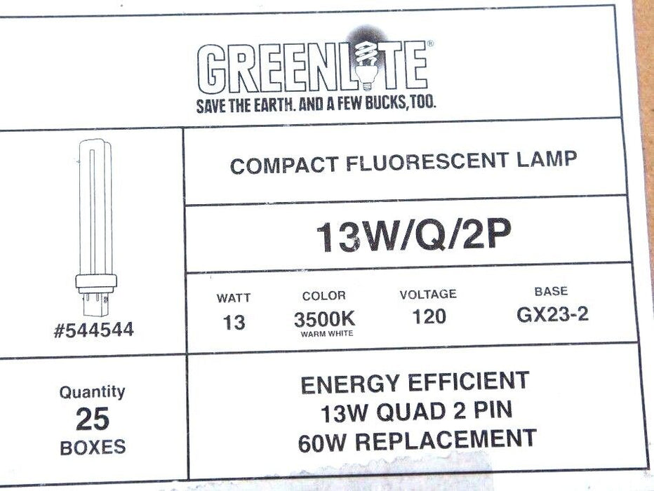 LOT OF 5 NIB GREENLITE 13W/Q/2P COMPACT FLUORESCENT LAMPS 13W 120V