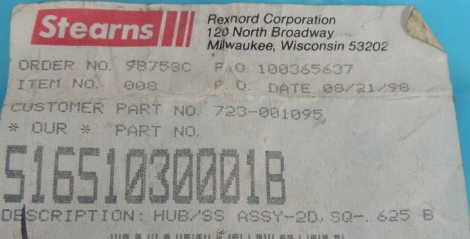 NEW STEARNS REXNORD 51651030001B HUB/SS ASSY-2D, SQ- .625 B