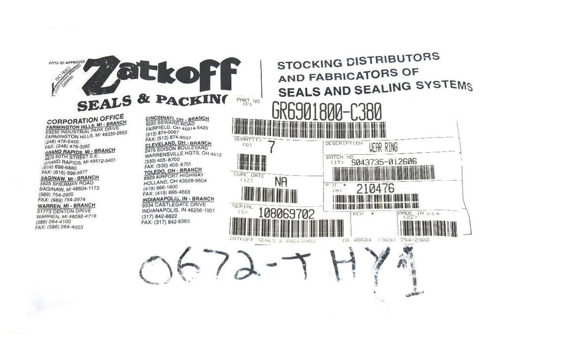 LOT OF 7 NEW ZATKOFF GR6901800-C380 WEAR RINGS GR6901800C380