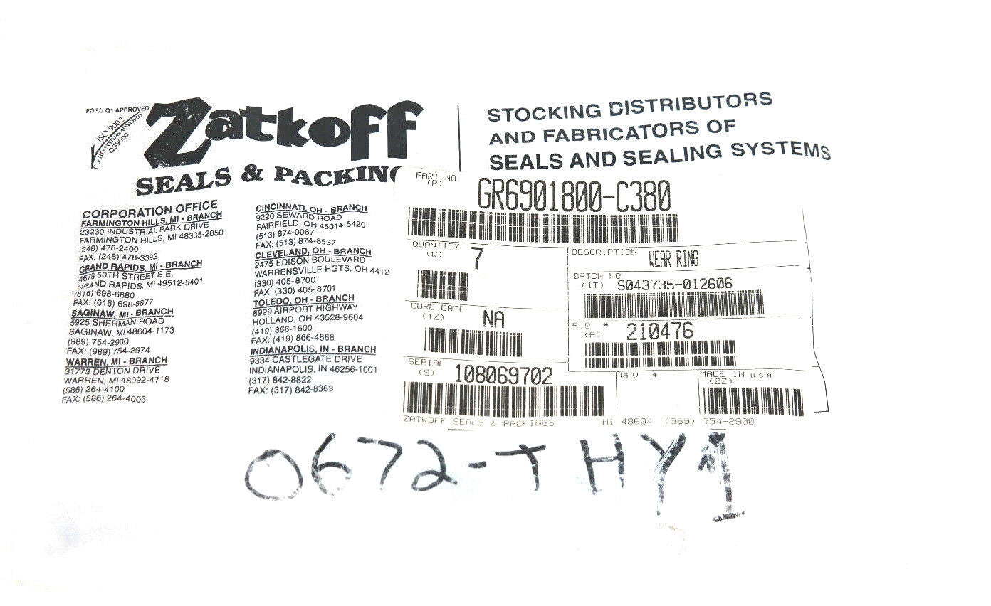 LOT OF 7 NEW ZATKOFF GR6901800-C380 WEAR RINGS GR6901800C380