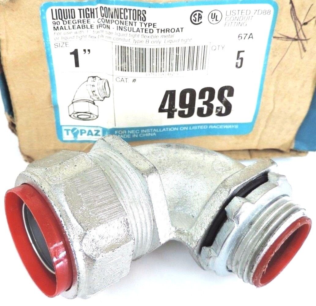 BOX OF 5 NEW TOPAZ 493S 1" LIQUID TIGHT 90DEGREE CONNECTORS