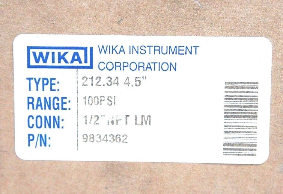 NIB WIKA 9834362 GAUGE TYPE 212.34 4.5" RANGE 100PSI CONN. 1/2" NPT