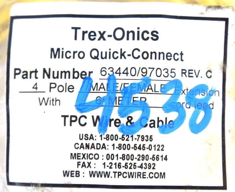 NIB TREX-ONICS 63440/97035 MICRO QUICK CONNECT CABLE 4 POLE MALE/FEMALE