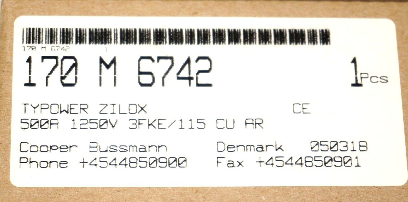 NIB BUSSMAN 170-M-6742 FUSE 500A 1250V 3FKE/115 CU AR, 170M6742