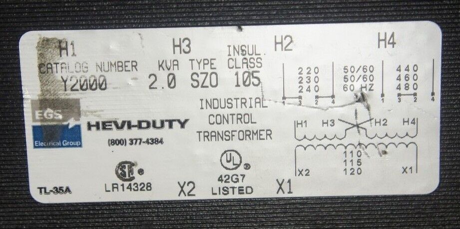 NEW HEVI-DUTY Y2000 INDUSTRIAL TRANSFORMER, TYPE SZ0, INSUL. CLASS 105, KVA 2.0