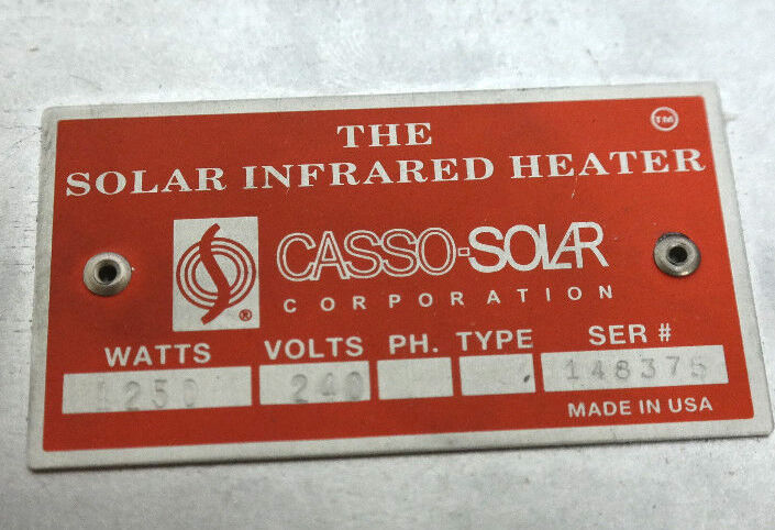 NEW CASSO-SOLAR 1250W 240V CERAMIC SOLAR INFRARED HEATER 9-1/2"LX2-1/2"WX1"H