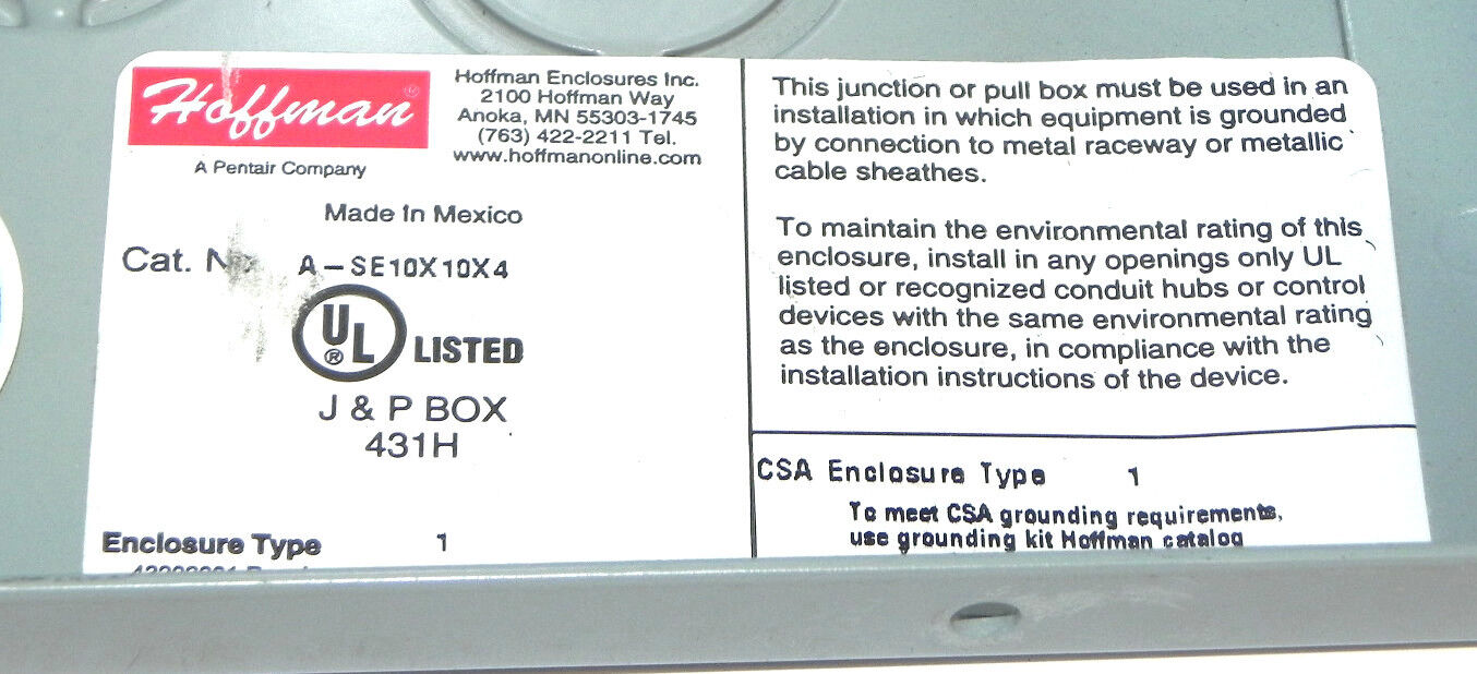 NEW HOFFMAN ENCLOSURES A-SE10X10X4 PULL BOX ASE10X10X4