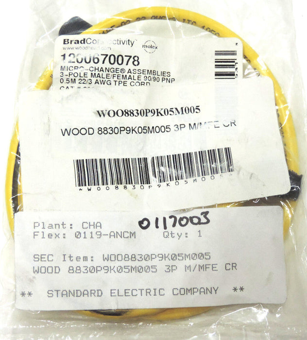 NEW WOODHEAD 8830P9K05M005 CORDSET CONNECTOR 3POLE MALE/FEMALE 1200670078