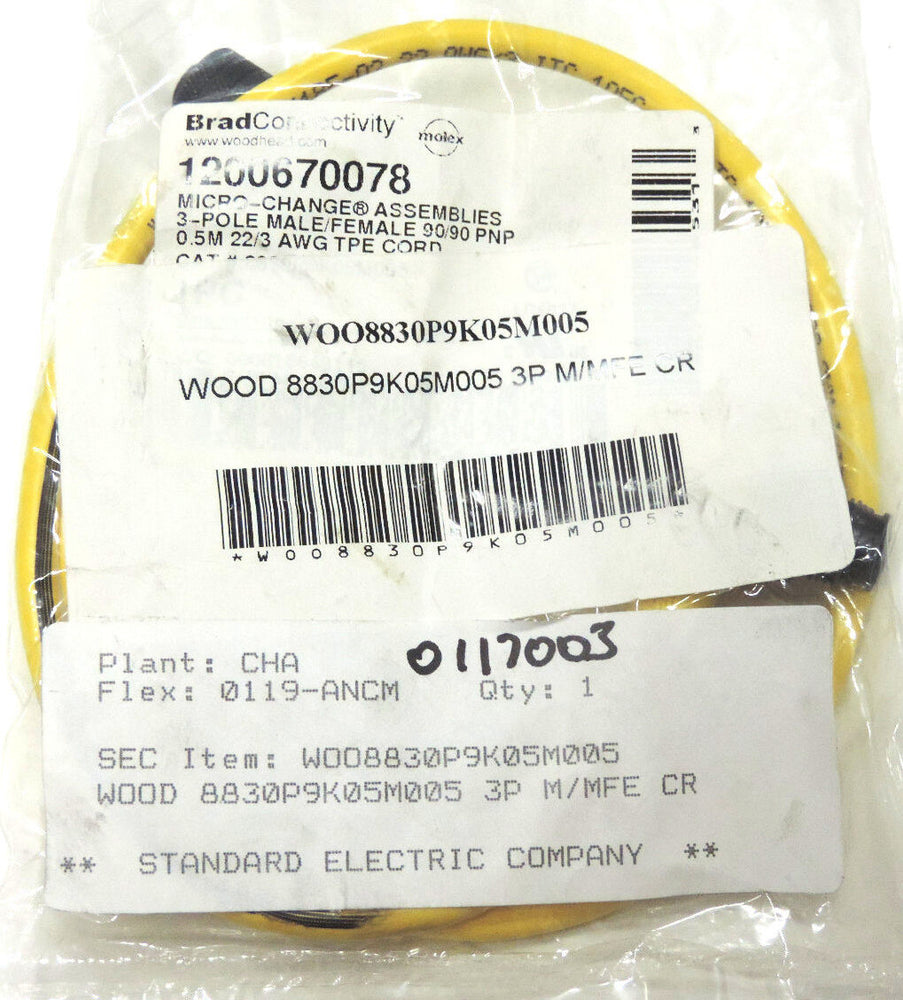 NEW WOODHEAD 8830P9K05M005 CORDSET CONNECTOR 3POLE MALE/FEMALE 1200670078