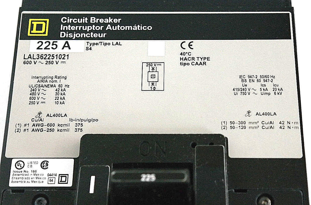NEW SQUARE D LAL36225 FA/LA MOLDED CASE CIRCUIT BREAKER 600V 225A LAL362251021