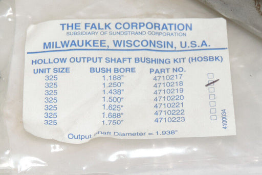 NEW FALK CORP. HOLLOW OUTPUT SHAFT BUSHING KIT HOSBK 4710218 1.250"
