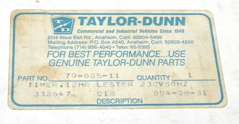 NIB TAYLOR DUNN 79-805-11, 12HR LESTER TIMER 7980511