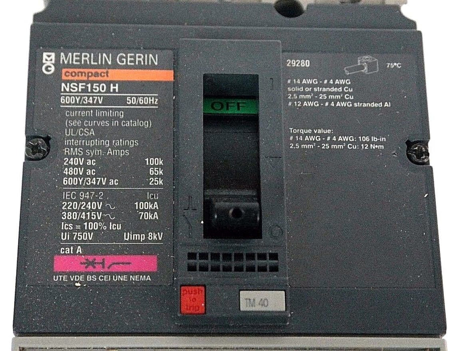 NIB MERLIN GERIN NFHL36040 MOLDED CASE CIRCUIT BREAKER 40A, 3P, 240/480V