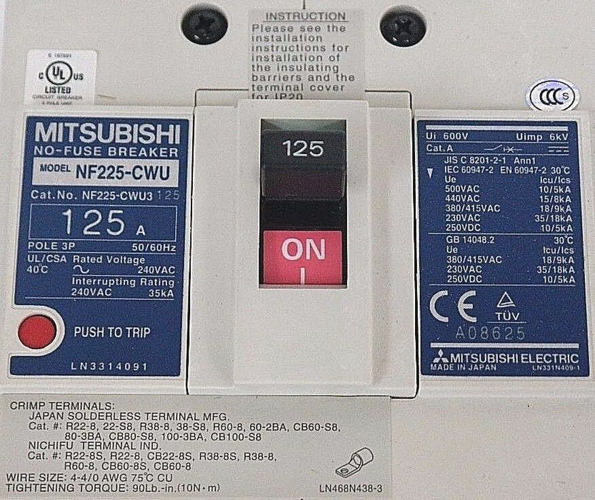 NIB MITSUBISHI NF225-CWU3 CIRCUIT BREAKER 125A, 3P, NF225-CWU NF225CWU3125