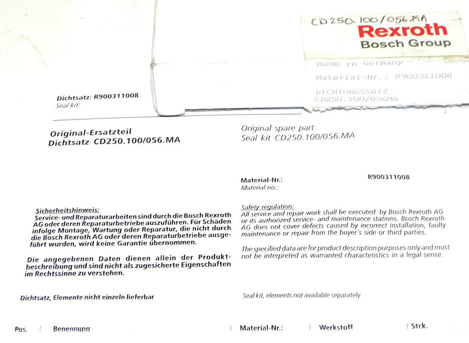 NIB REXROTH BOSCH R900311008 SEAL KIT CD250.100/056.MA