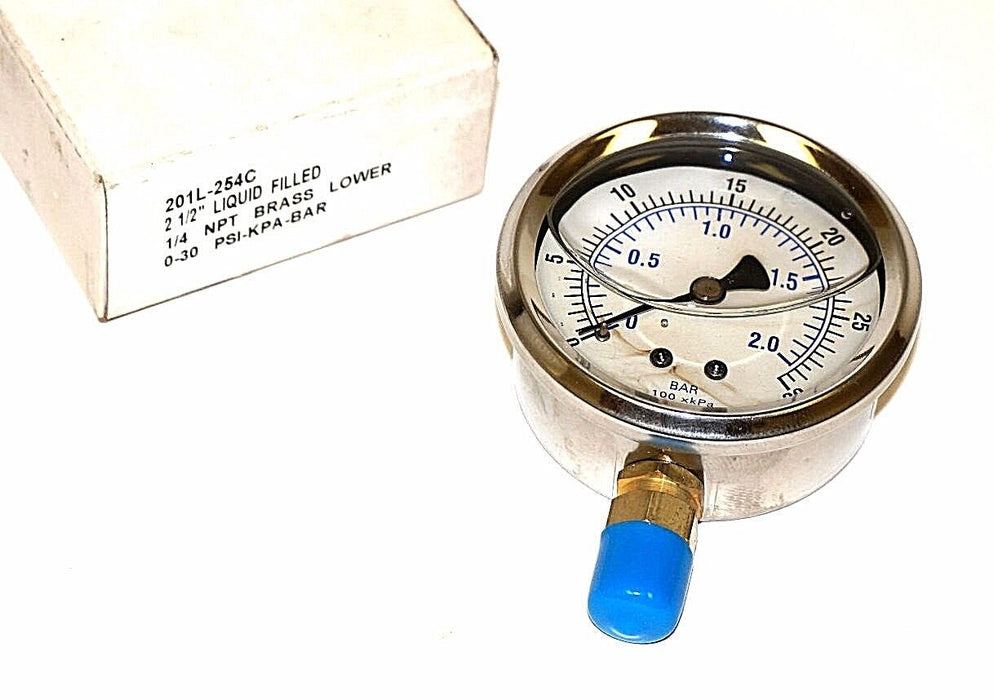 NIB BOND 201L-254C PRESSURE GAUGE 2 1/2'' LIQUID FILLED 1/4 NPT BRASS LOWER