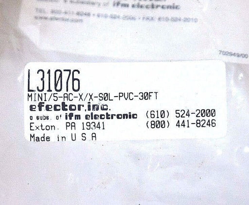 NEW IFM EFECTOR L31076 CONNECTOR CABLE STRAIGHT MINI/5-AC-X/X-S0L-PVC-30FT