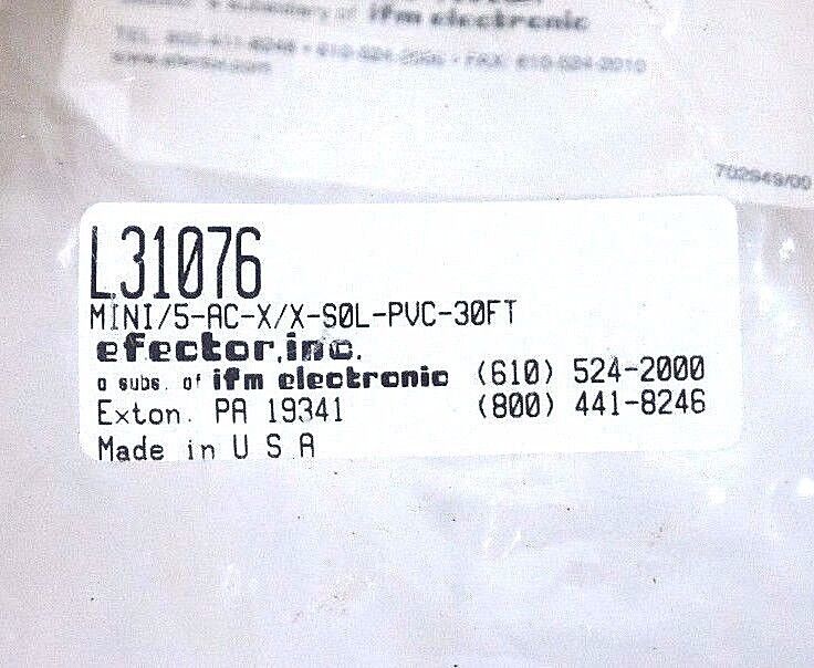 NEW IFM EFECTOR L31076 CONNECTOR CABLE STRAIGHT MINI/5-AC-X/X-S0L-PVC-30FT