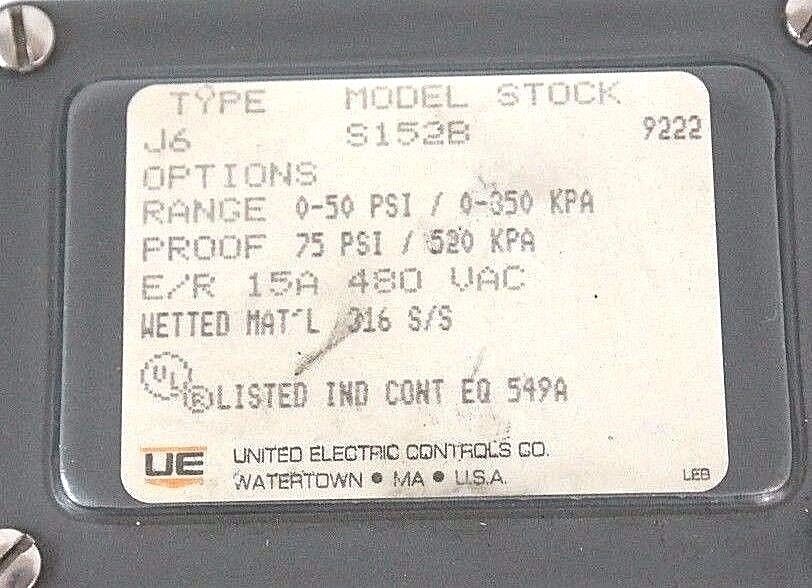 NEW UNITED ELECTRIC J6-S152B PRESSURE SWITCH J6S152B, 0-50PSI RANGE