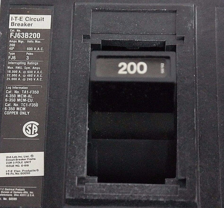 NIB SIEMENS I-T-E FJ63B200 CIRCUIT BREAKER 200AMP, 3POLE, 600VAC, TYPE FJ6, 78-3