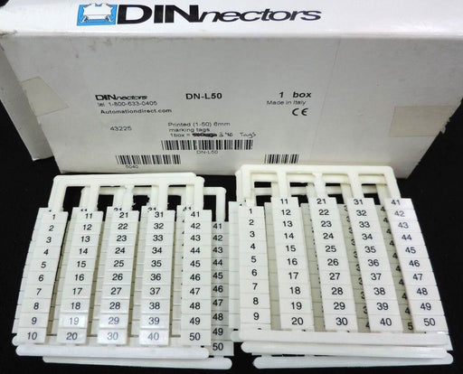 NEW BOX OF DINNECTORS DN-L50 PRINTED (1-50) 6MM MARKING TAGS 1 BOX = 340 TAGS