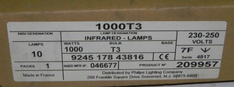 NEW PHILIPS 209957 INFRARED-LAMPS 1000T3 046677 BOX OF 10