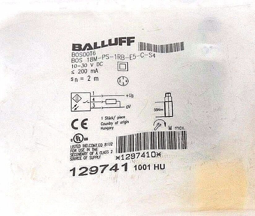 NEW BALLUFF BOS00T6 SENSOR BOS-18M-PS-1RB-E5-C-S4, 10-30V DC, 200mA