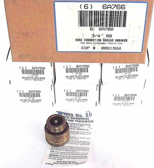 BOX OF 6 NEW WATTS 8B HOSE CONNECTION VACUUM BREAKERS 6A766, 0061924, 3/4''