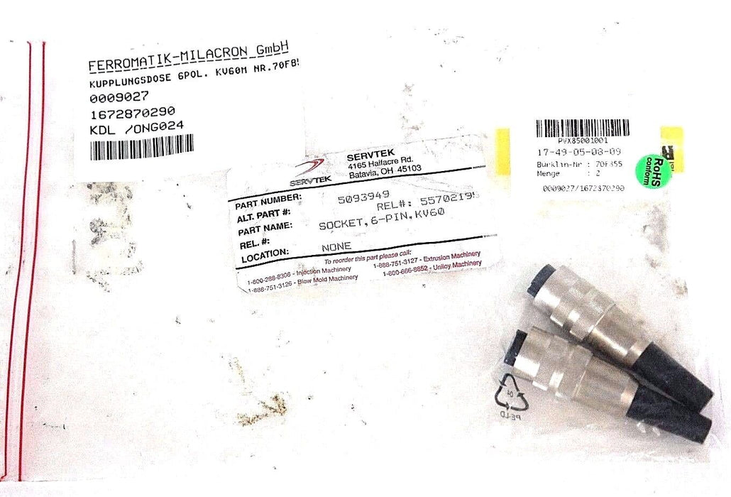 LOT OF 2 FERROMATIK BURKLIN 0009027/1672870290 FEMALE SOCKETS 6-PIN KV60M 70F855