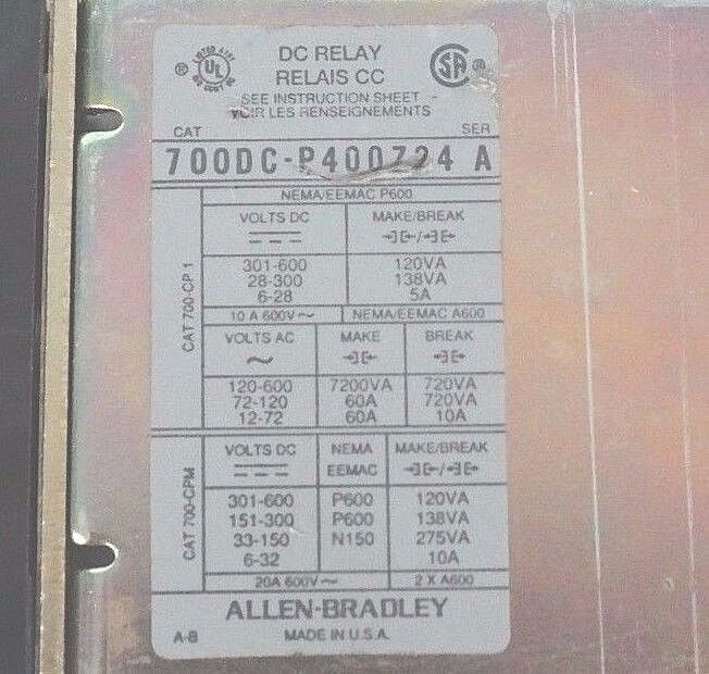 ALLEN BRADLEY 700DC-P400Z24 CONTROL RELAY SER. A, TYPE P W/ 700-PB40 ADDER DECK