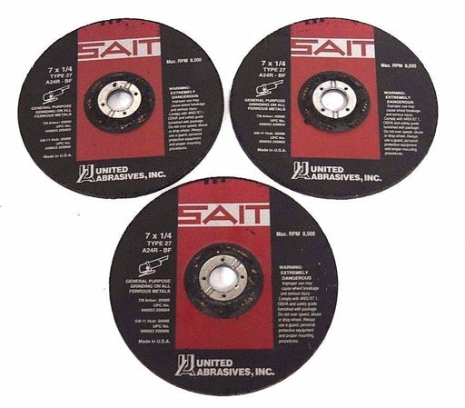 LOT OF 3 NEW UNITED ABRASIVES INC A24R-BF GRINDING WHEELS 7 X 1/4 TYPE 27