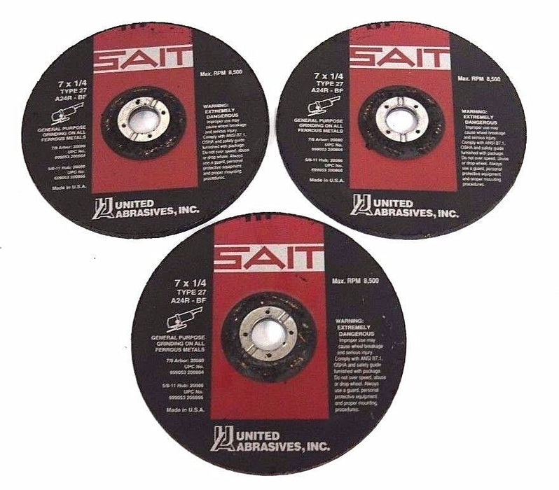 LOT OF 3 NEW UNITED ABRASIVES INC A24R-BF GRINDING WHEELS 7 X 1/4 TYPE 27