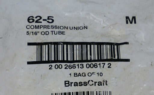BAG OF 10 NEW BRASSCRAFT 62-5 COMPRESSION UNION 5/16'' OD TUBE
