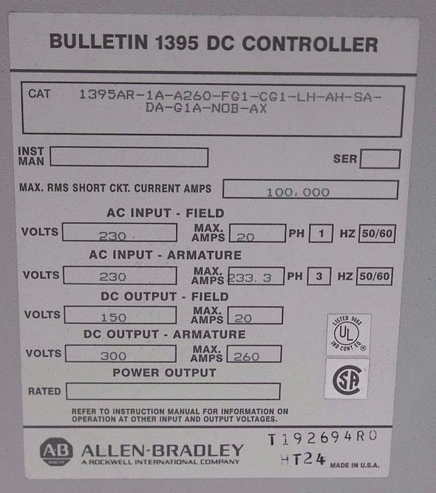 ALLEN BRADLEY 1395AR-1A-A260-FG1-CG1-LH-AH-SA-DA-G1A-NOB-AX DC DRIVE CONTROLLER