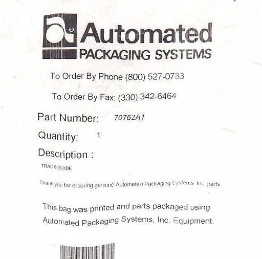 NEW AUTOMATED PACKAGING SYSTEMS 70762A1 TRACK GUIDE