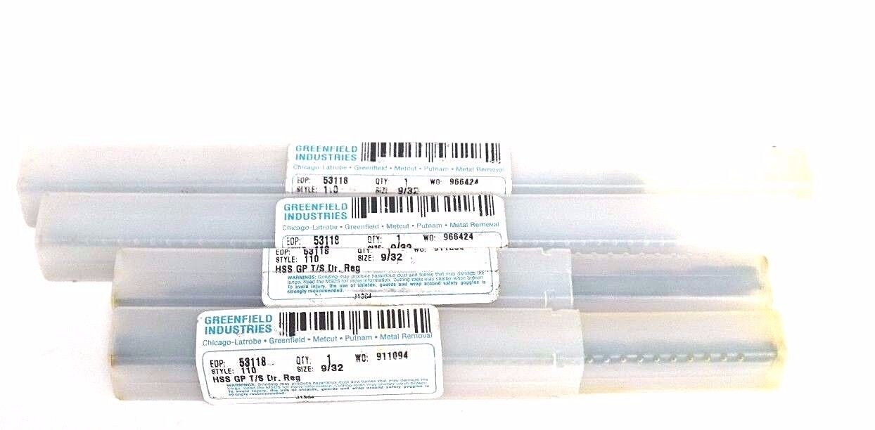 LOT OF 4 NEW GREENFIELD INDUSTRIES 53118 DRILL BITS 9/32, STYLE 110, HSS GT T/S