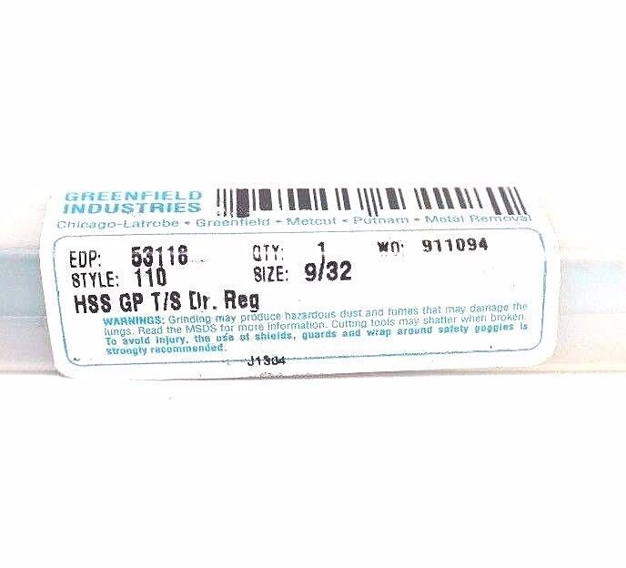 LOT OF 4 NEW GREENFIELD INDUSTRIES 53118 DRILL BITS 9/32, STYLE 110, HSS GT T/S