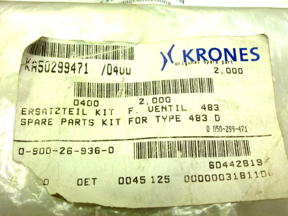 KRONES 0-900-26-936-0 SPARE PARTS KIT FOR TYPE 483 D KA50299471 / 0400 60442819